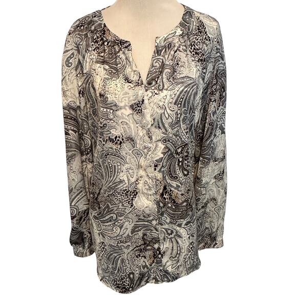 Chicos Gray Paisley Top Size 3 (Womens XL) Long Sleeve Career Blouse Preppy - Picture 2 of 8
